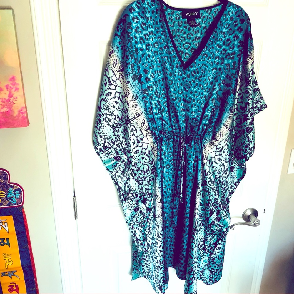 Sexy Satin Turquoise & Black Beach Cover Up/Caftan